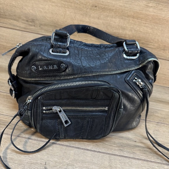 L.A.M.B. Gwen Stefani Black Leather Satchel Handbag‎ Zippers Purse - Picture 3 of 10